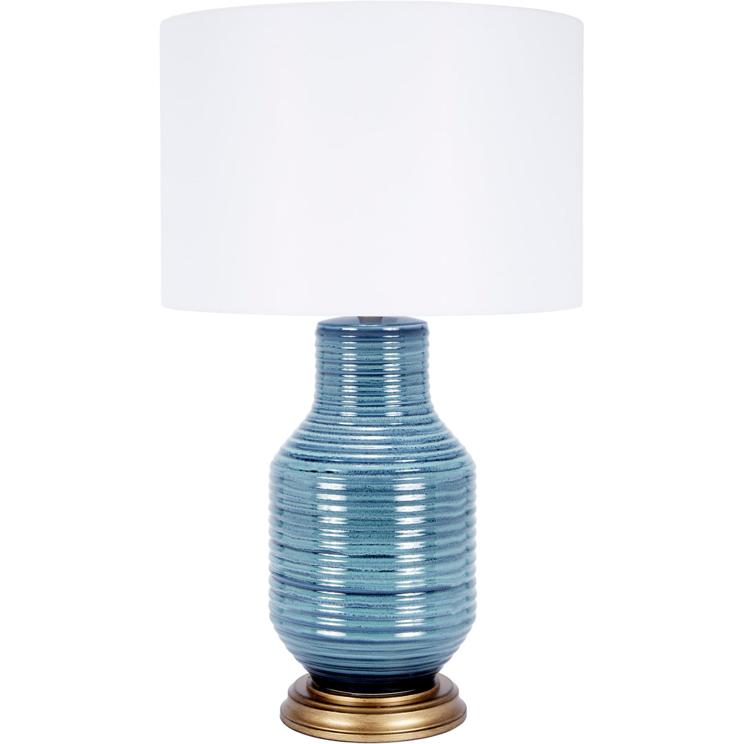 Elegant Rowan table lamp in aged blue ceramic, perfect for bedrooms, living rooms, or office spaces.