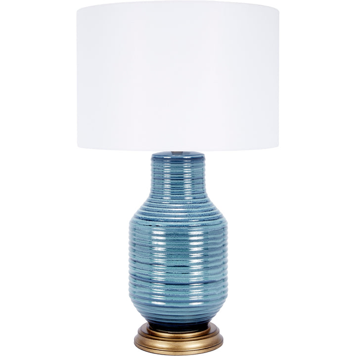 Elegant Rowan table lamp in aged blue ceramic, perfect for bedrooms, living rooms, or office spaces.