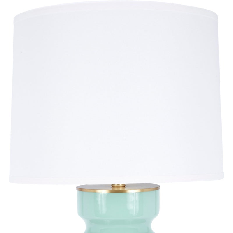 Lennon celadon ceramic table lamp with white drum shade and brass trim