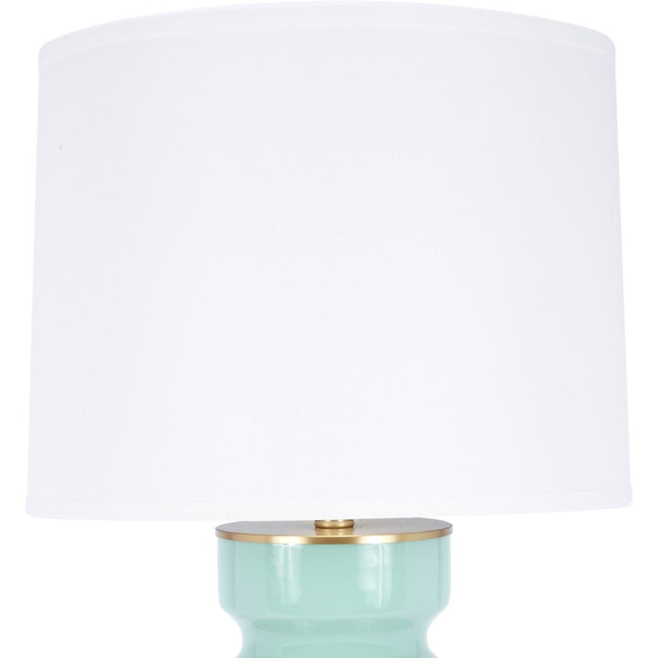 Lennon celadon ceramic table lamp with white drum shade and brass trim