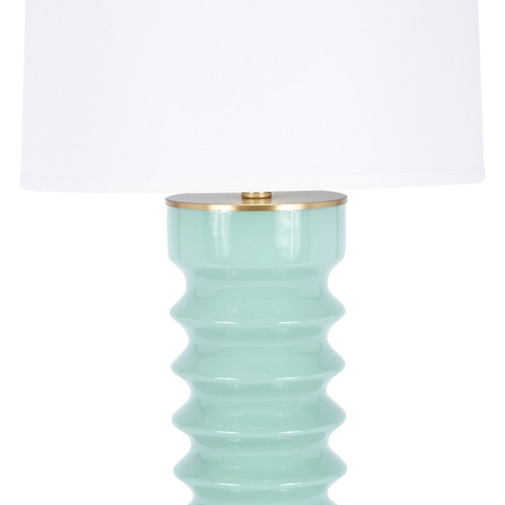 Lennon celadon ceramic table lamp, white drum shade over ribbed blue-green base