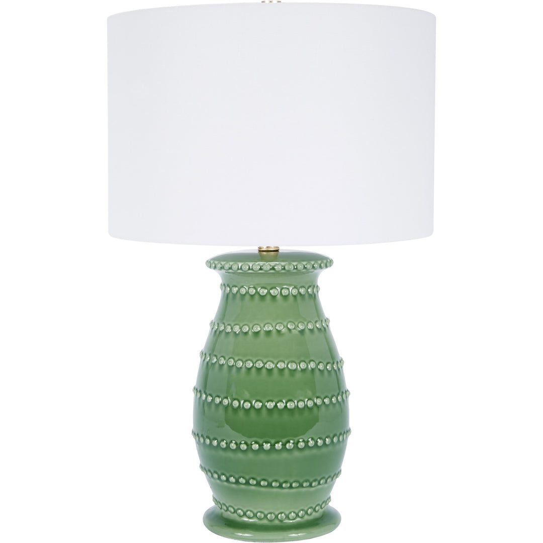 Elegant Caleb table lamp in green ceramic, perfect for bedrooms, living rooms, or office spaces.