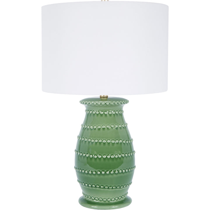 Elegant Caleb table lamp in green ceramic, perfect for bedrooms, living rooms, or office spaces.