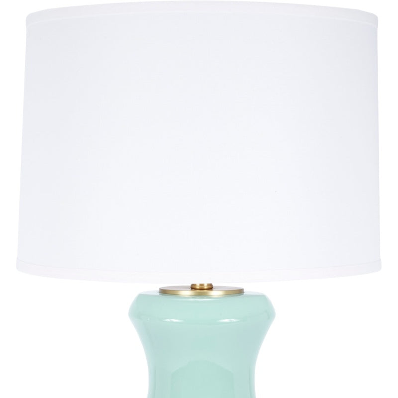 Celadon ceramic lamp base with white linen drum shade