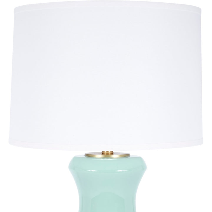 Celadon ceramic lamp base with white linen drum shade