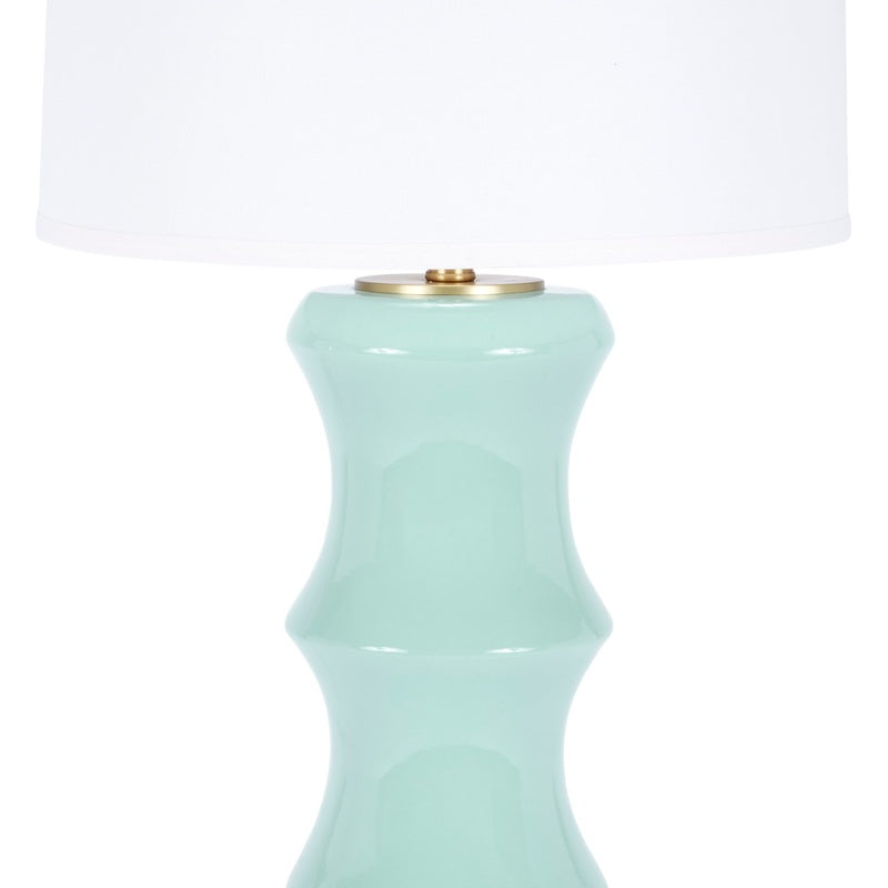Celadon ceramic lamp base with white linen drum shade