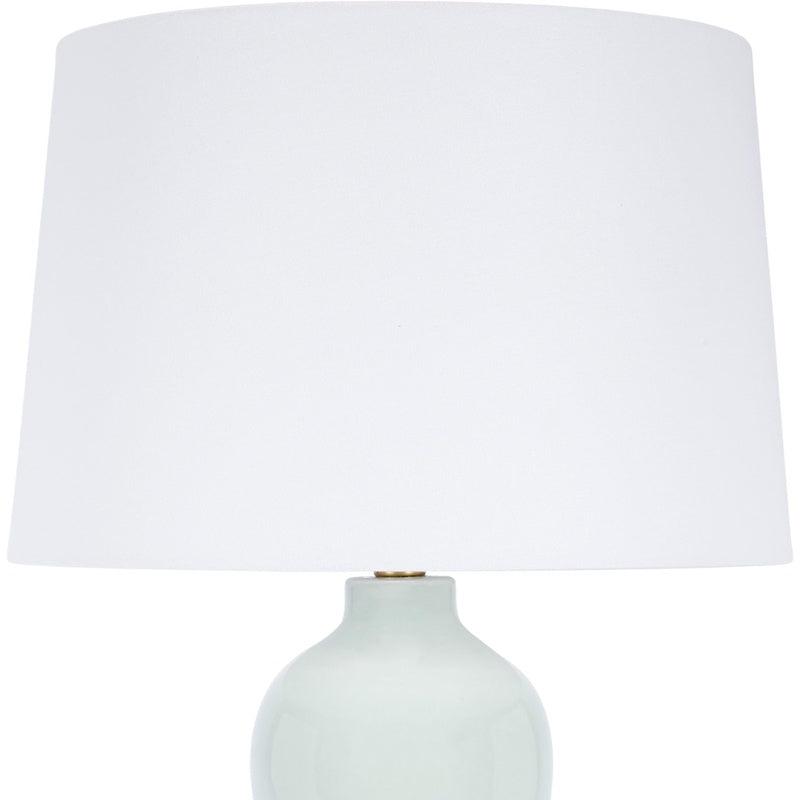 Ceramic table lamp with white drum shade and mint green ceramic base
