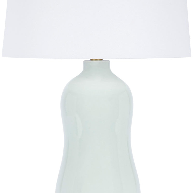 Ceramic table lamp in mint green with white drum shade and brass socket