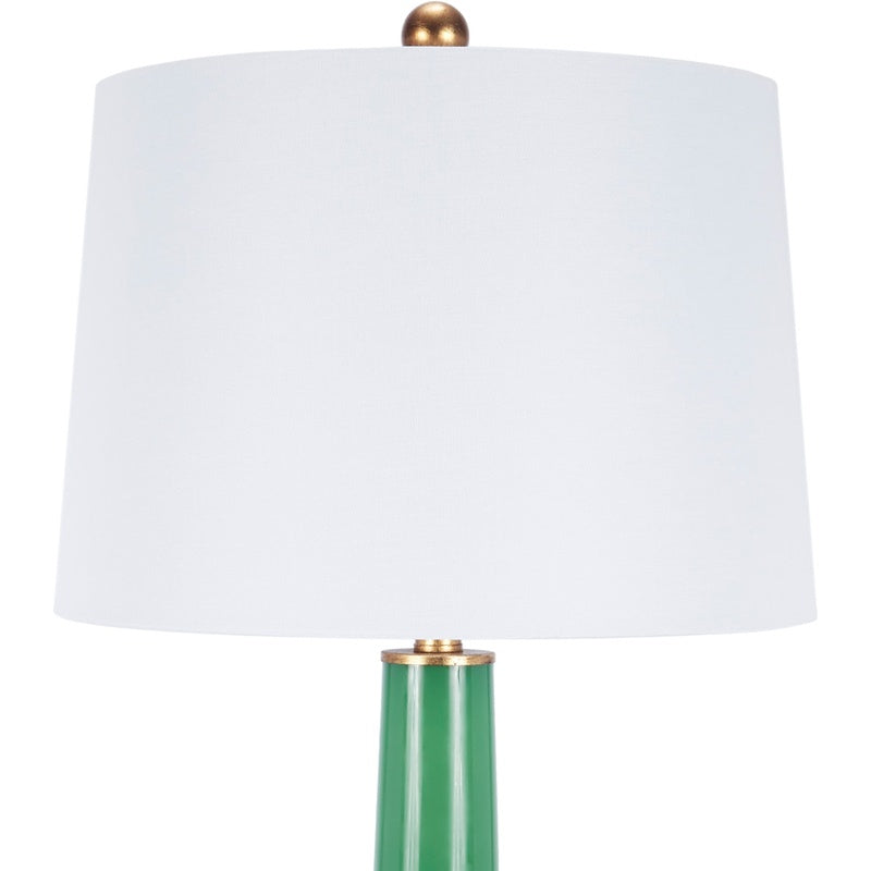 Green buffet lamp with white drum shade and gold-toned base accents