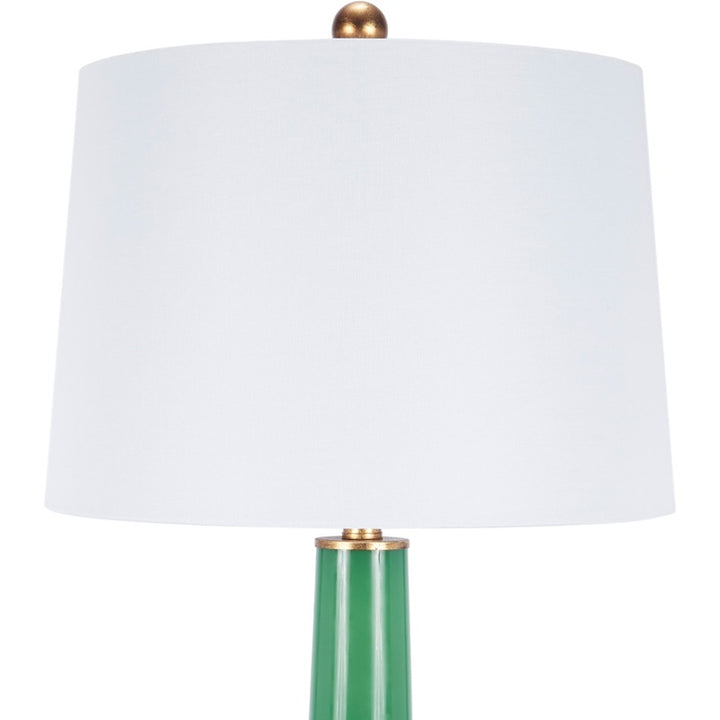 Green buffet lamp with white drum shade and gold-toned base accents