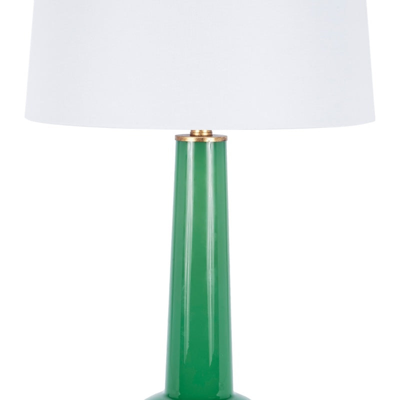 Green ceramic buffet lamp base with white drum shade and gold collar