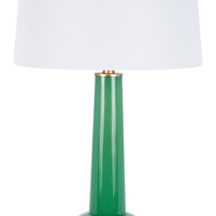 Green ceramic buffet lamp base with white drum shade and gold collar