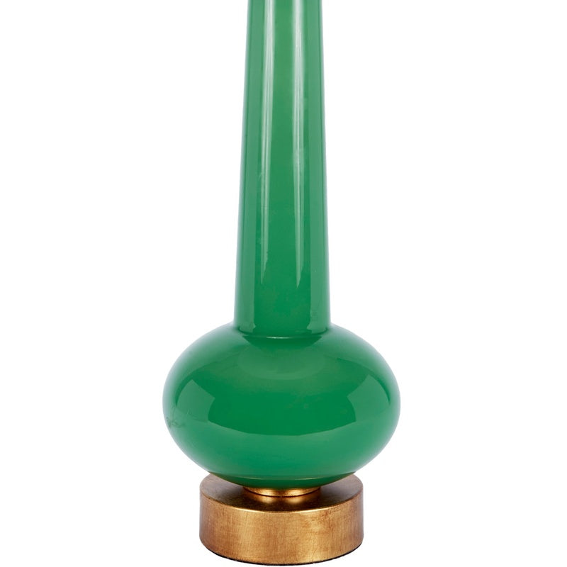 Green ceramic lamp base with gold-toned neck and round foot