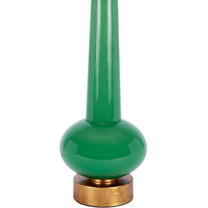 Green ceramic lamp base with gold-toned neck and round foot