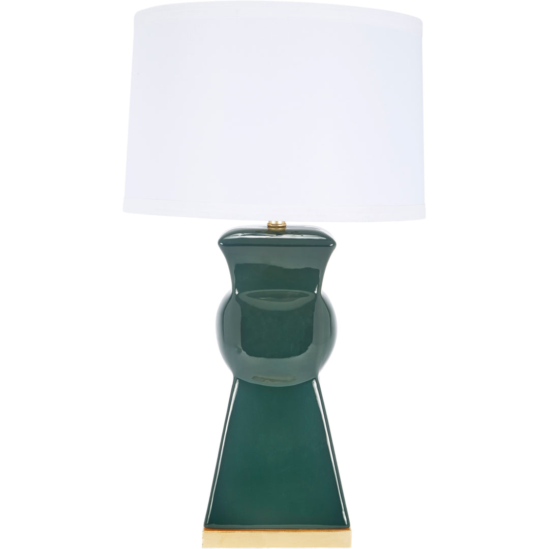 Elegant Perrin table lamp in dark green ceramic, perfect for bedrooms, living rooms, or office spaces.