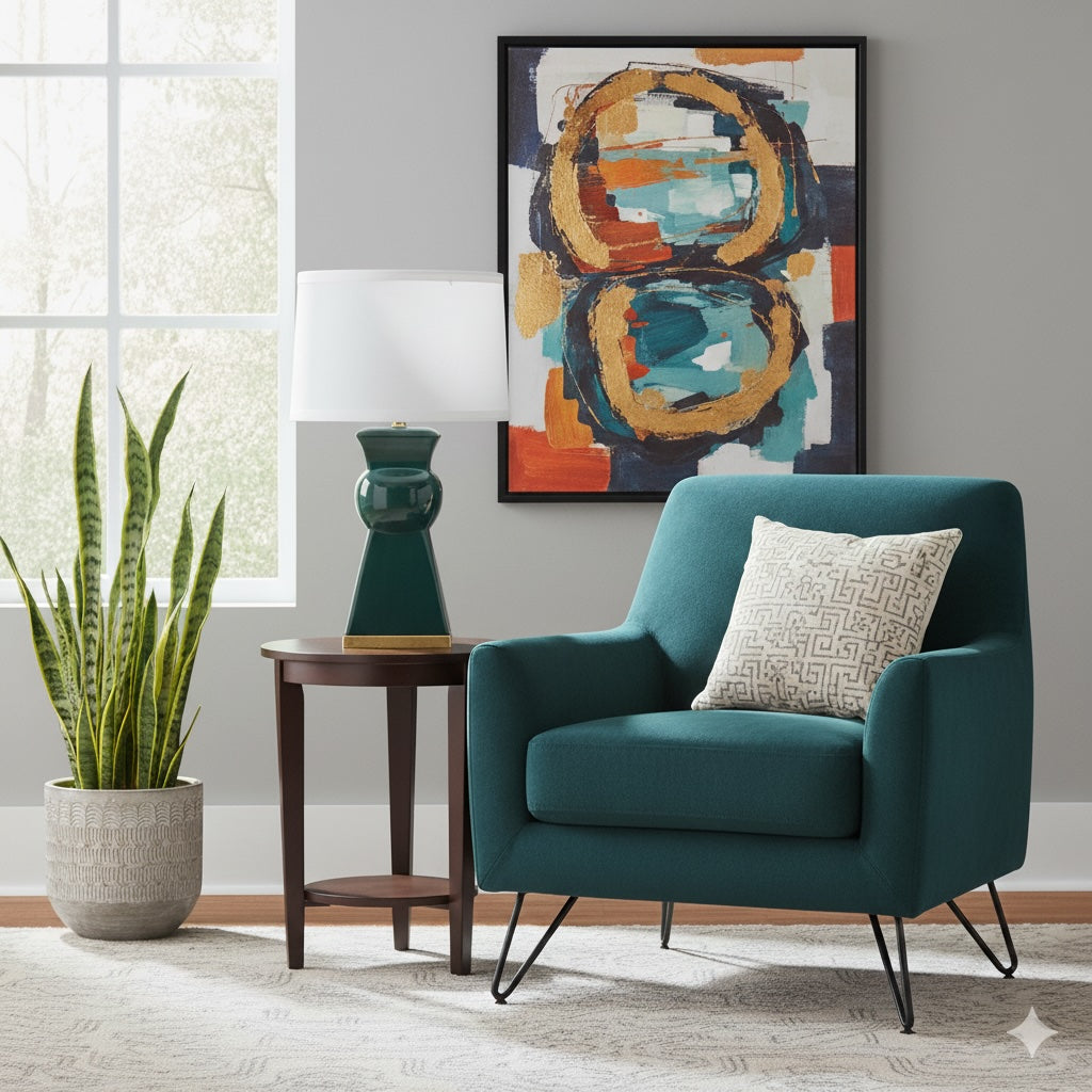 Teal armchair in a living room with abstract art, plant, and side table.