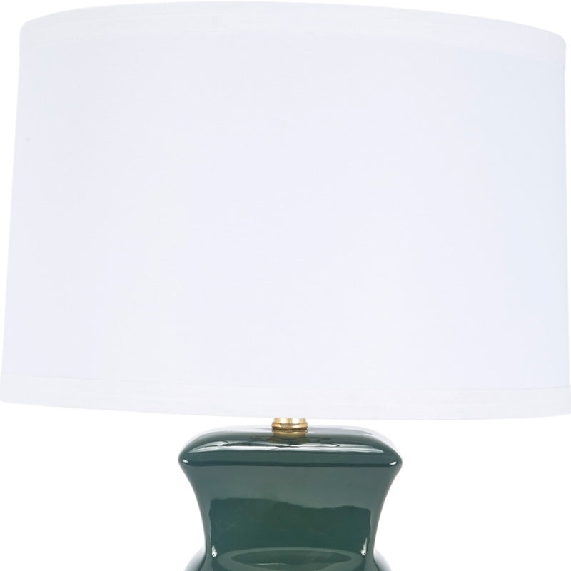 Dark green ceramic table lamp with white drum shade and brass finial