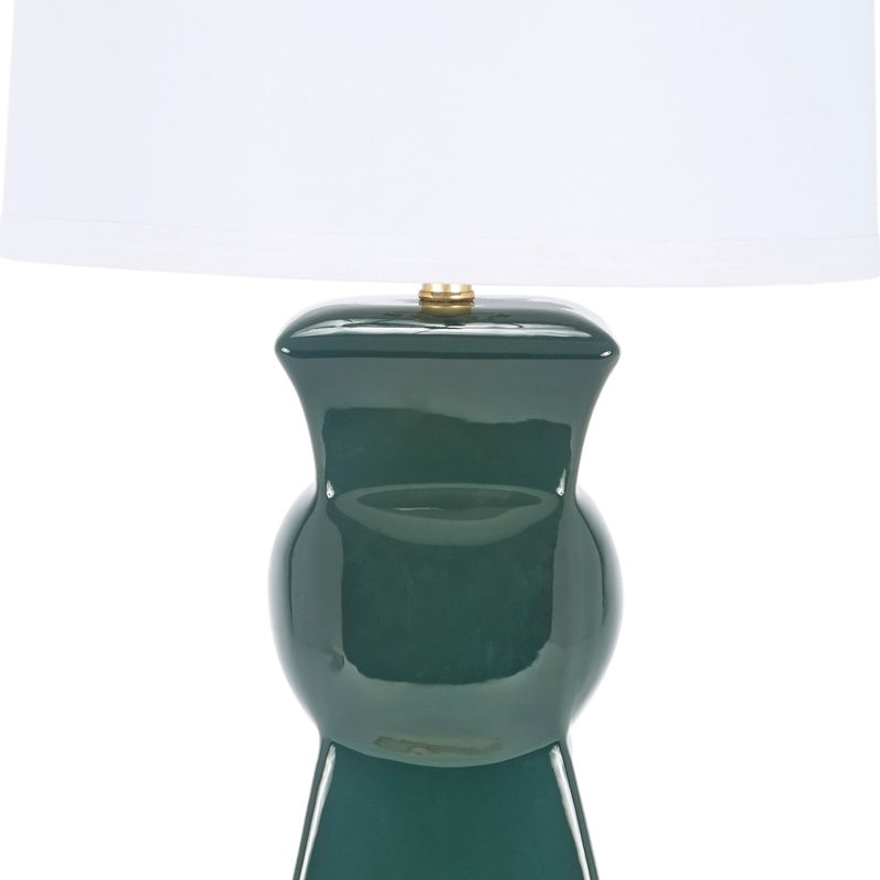 Dark green ceramic table lamp with sculpted base and white drum shade