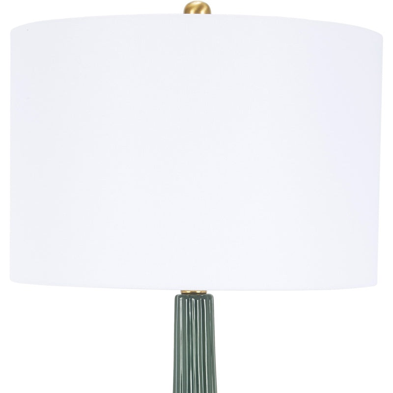 Stella dark green table lamp with white drum shade and ribbed base, gold accents