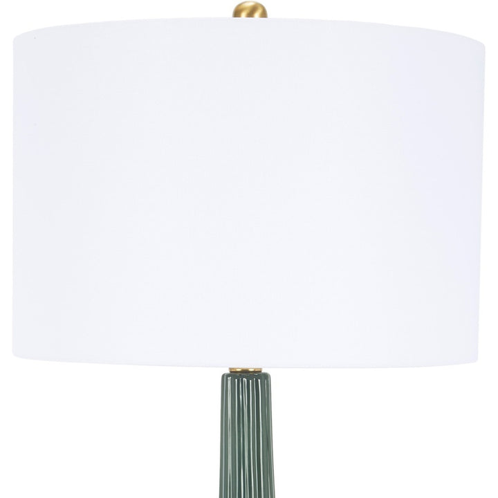 Stella dark green table lamp with white drum shade and ribbed base, gold accents