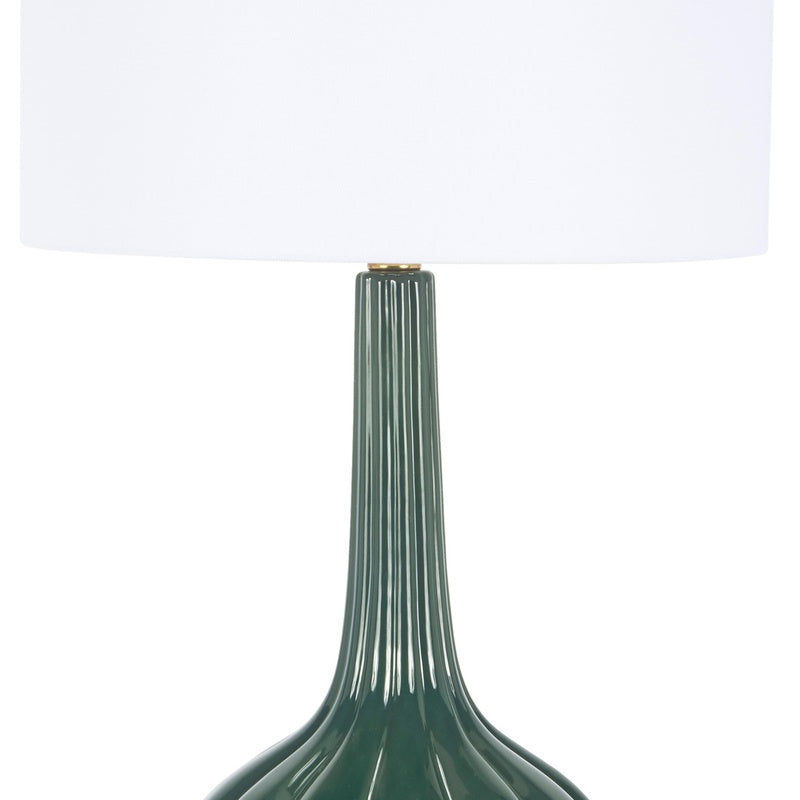 Dark green table lamp with white drum shade and tall ribbed column base