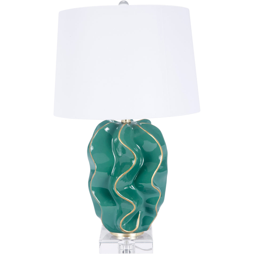 Elegant Hannah table lamp in emerald green ceramic with wave design, perfect for bedrooms, living rooms, or office spaces.