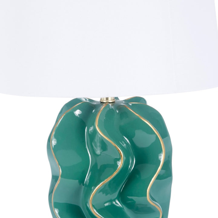 Emerald green ceramic wave lamp base with exposed brass top and white shade