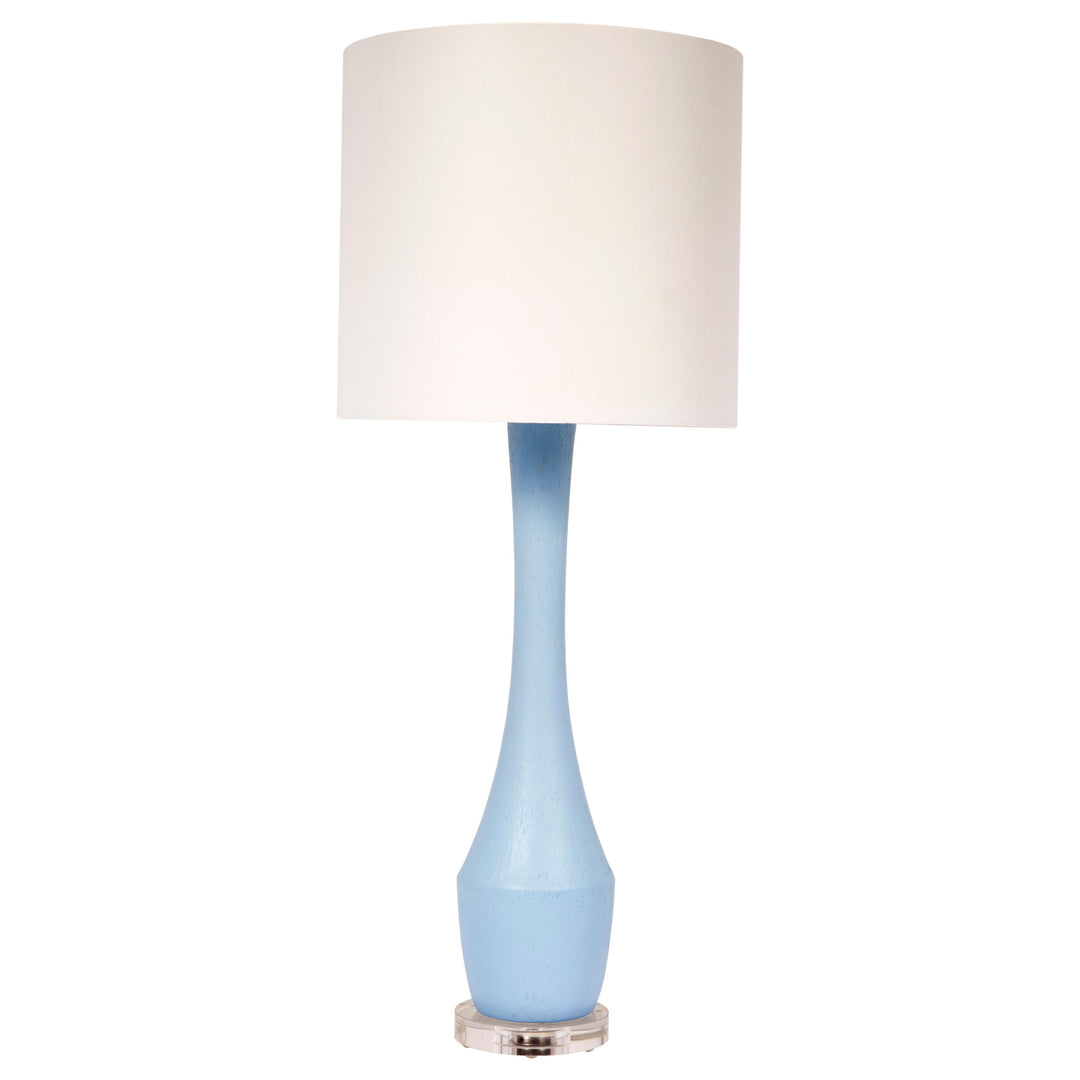 Stylish robin’s egg blue gesso table lamp with a crisp white linen shade, ideal for modern or coastal interiors.