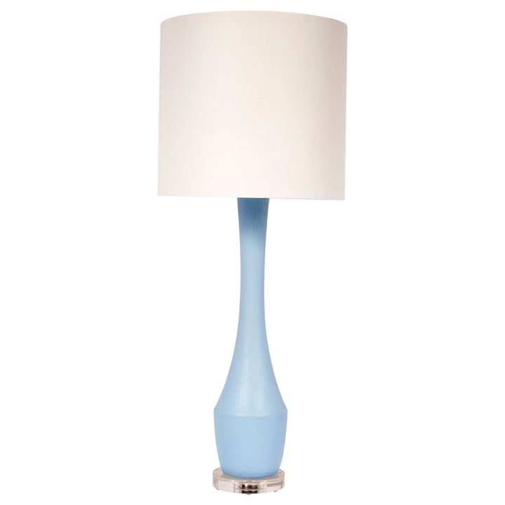 Stylish robin’s egg blue gesso table lamp with a crisp white linen shade, ideal for modern or coastal interiors.