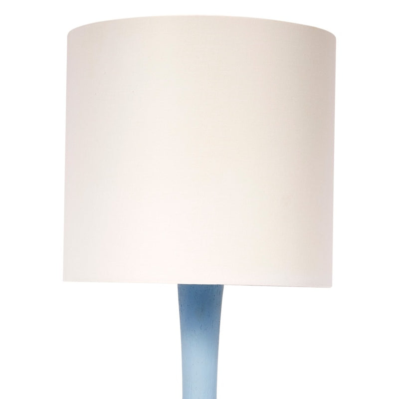 Robin’s egg blue gesso table lamp with white linen drum shade