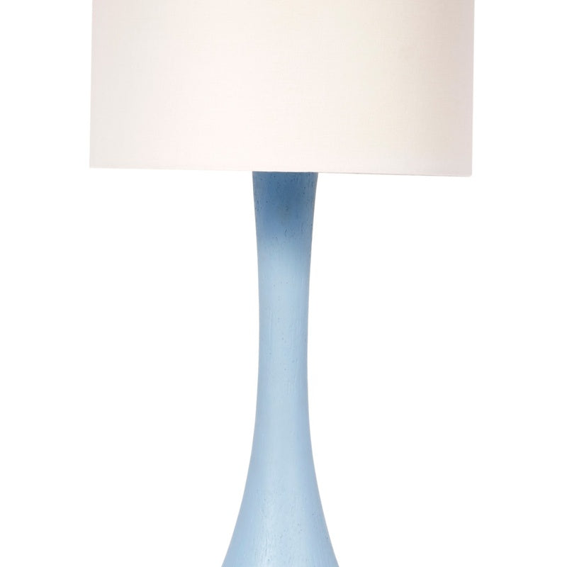 Robin’s egg blue gesso table lamp with white linen drum shade and slender base