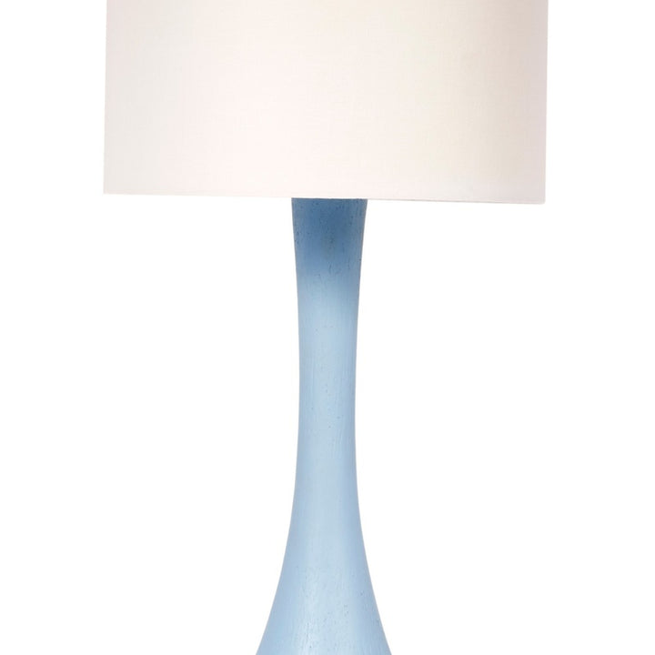 Robin’s egg blue gesso table lamp with white linen drum shade and slender base