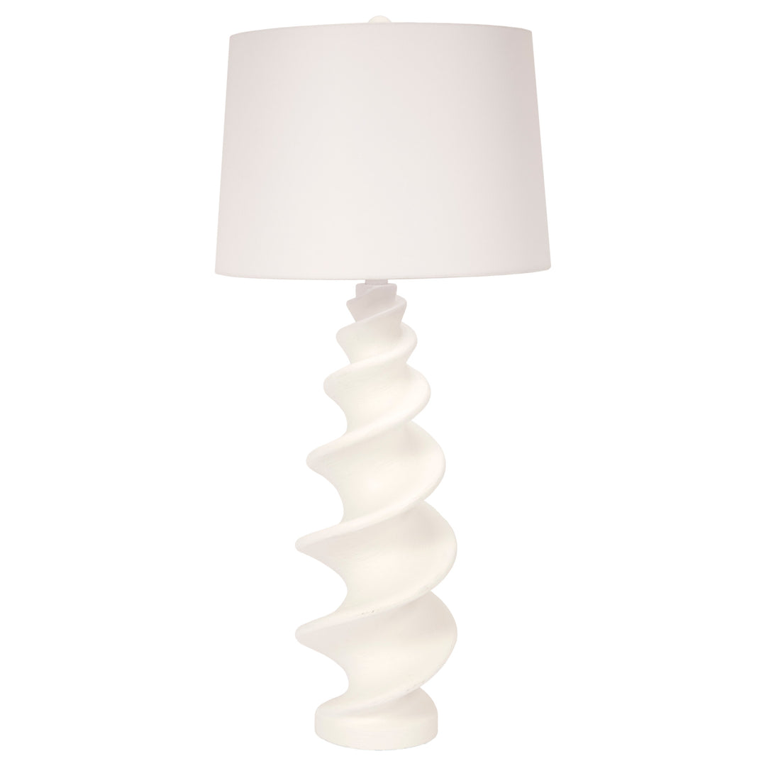 Elegant Durham buffet lamp with white gesso shell design, perfect for living rooms, bedrooms, or entryways.