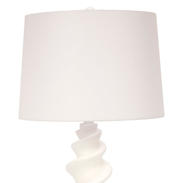 White shell buffet lamp with drum shade and sculpted gesso base