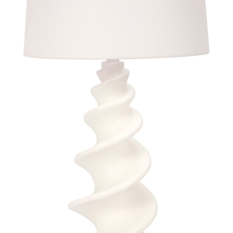 White shell lamp base with sculpted gesso ridges and white drum shade
