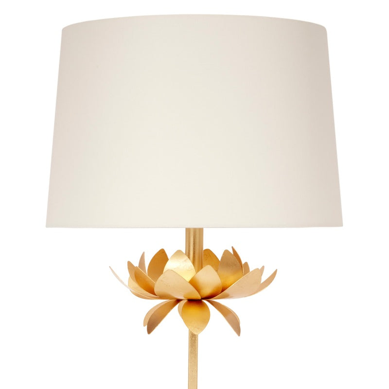 Gold leaf table lamp with white fabric shade and gold floral metal base