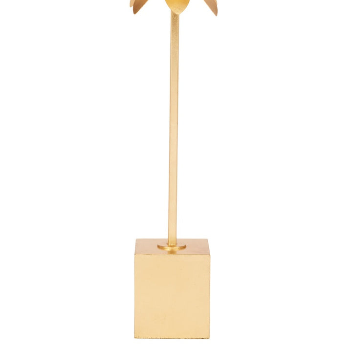 Gold leaf table lamp with white fabric shade, slim gold stem, square gold base