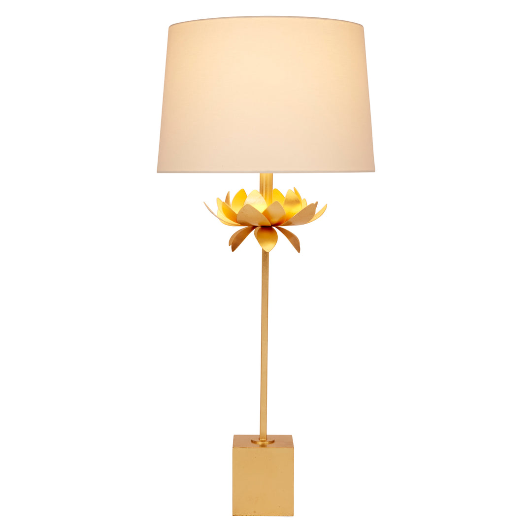 Decorative floor lamp with a beige lampshade and gold base on a white background