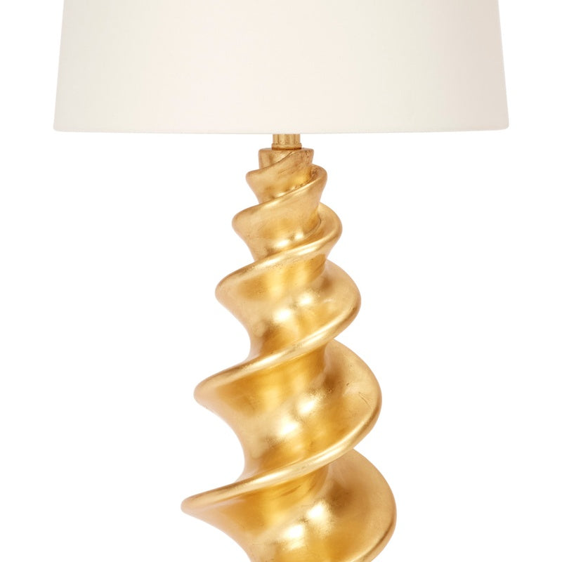 Gold shell lamp base with white fabric shade