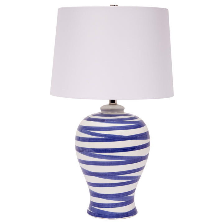 Elegant Lindell ceramic table lamp with blue stripes, perfect for bedrooms, living rooms, or office spaces.