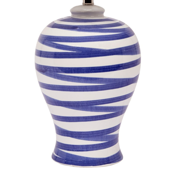 Blue-and-white ceramic table lamp with tapered striped base and white drum shade
