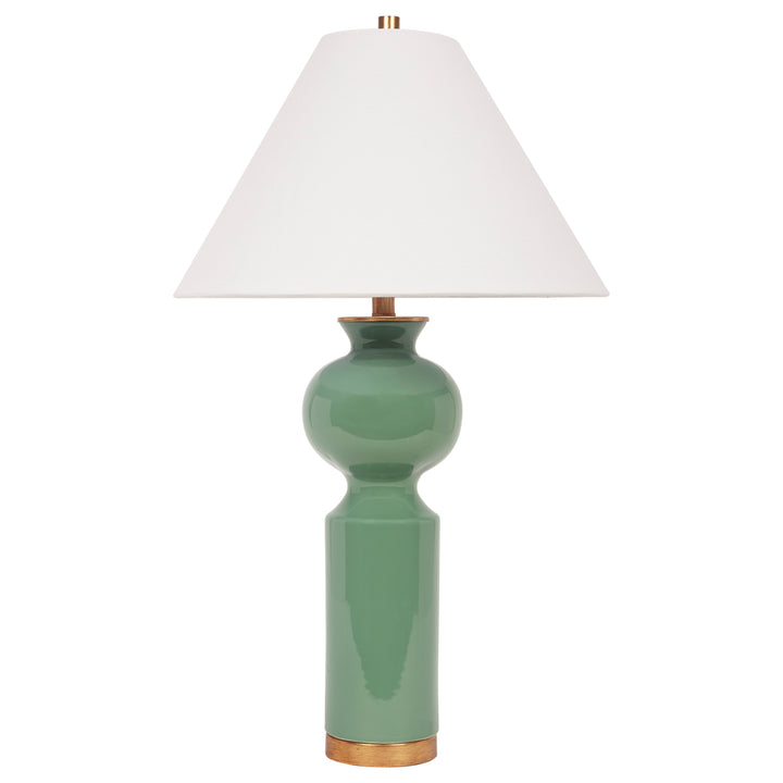 Elegant green ceramic table lamp with a clean white linen shade, perfect for modern or traditional interiors.