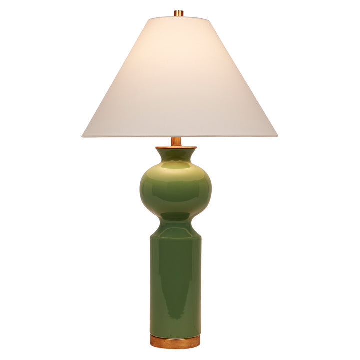 Stylish green ceramic lamp with a white linen shade, bringing natural charm and warmth to any living space.