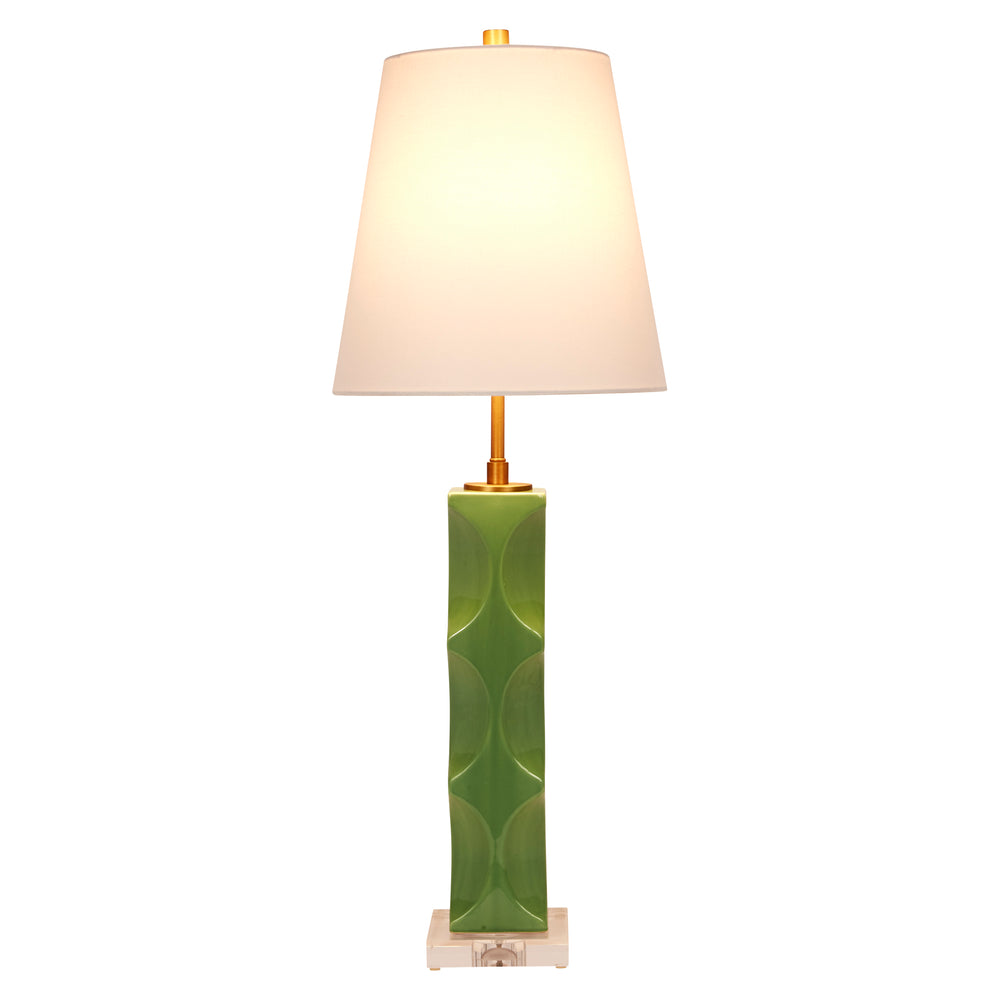 Elegant green ceramic lamp with a white linen shade, bringing a fresh, calming touch to any room décor.