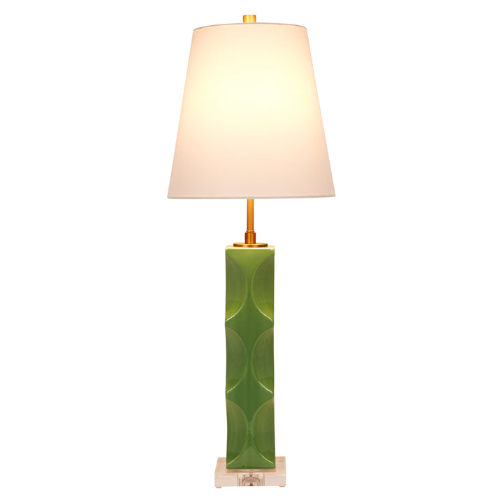 Elegant green ceramic lamp with a white linen shade, bringing a fresh, calming touch to any room décor.