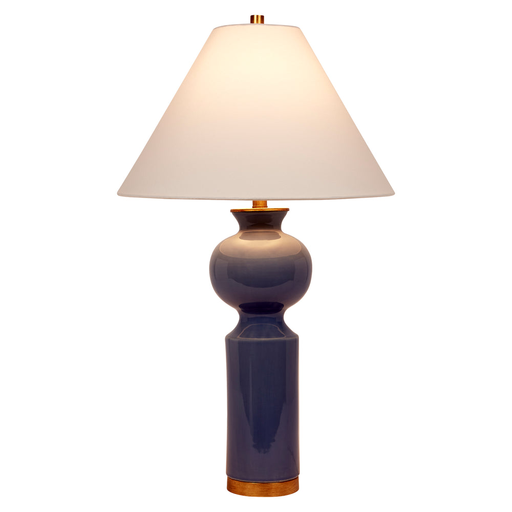 Chic Parisian blue ceramic lamp with a white linen shade, adding sophistication and soft color to any room décor.