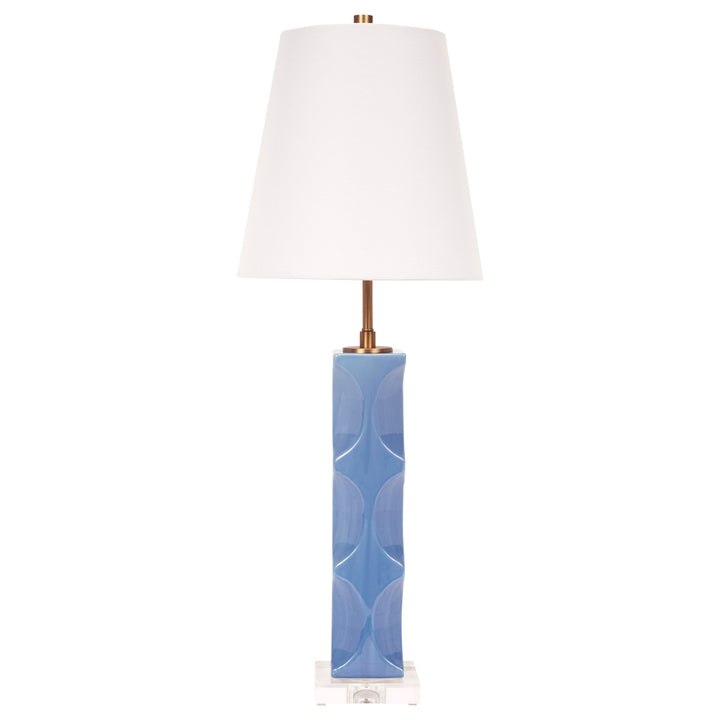 Elegant Parisian blue ceramic table lamp with a crisp white linen shade, ideal for modern or coastal interiors.