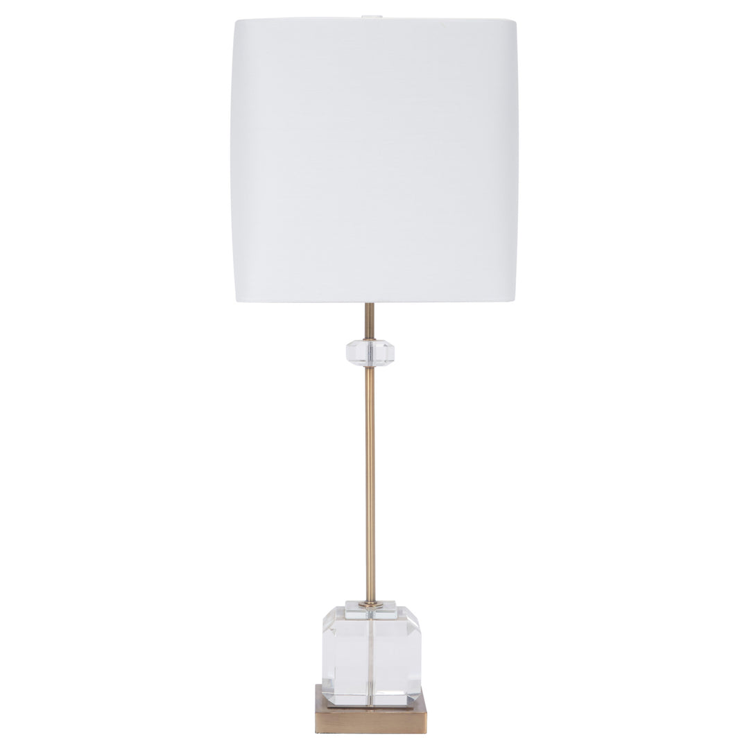 Elegant Eaton table lamp featuring a crystal and brass base with a white shade, perfect for living rooms, bedrooms, or offices.