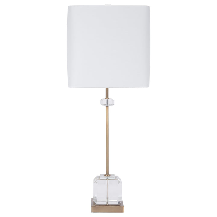 Elegant Eaton table lamp featuring a crystal and brass base with a white shade, perfect for living rooms, bedrooms, or offices.