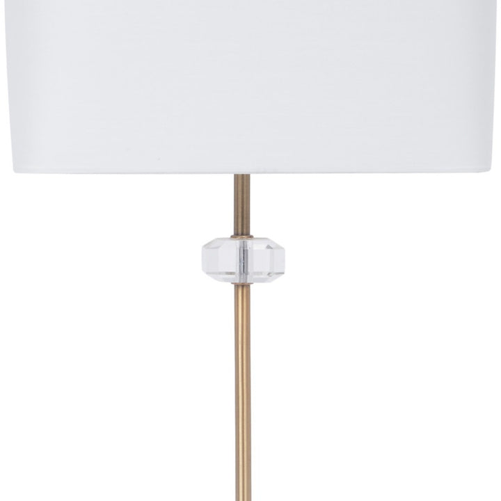 White table lamp shade with brass stem and clear crystal base